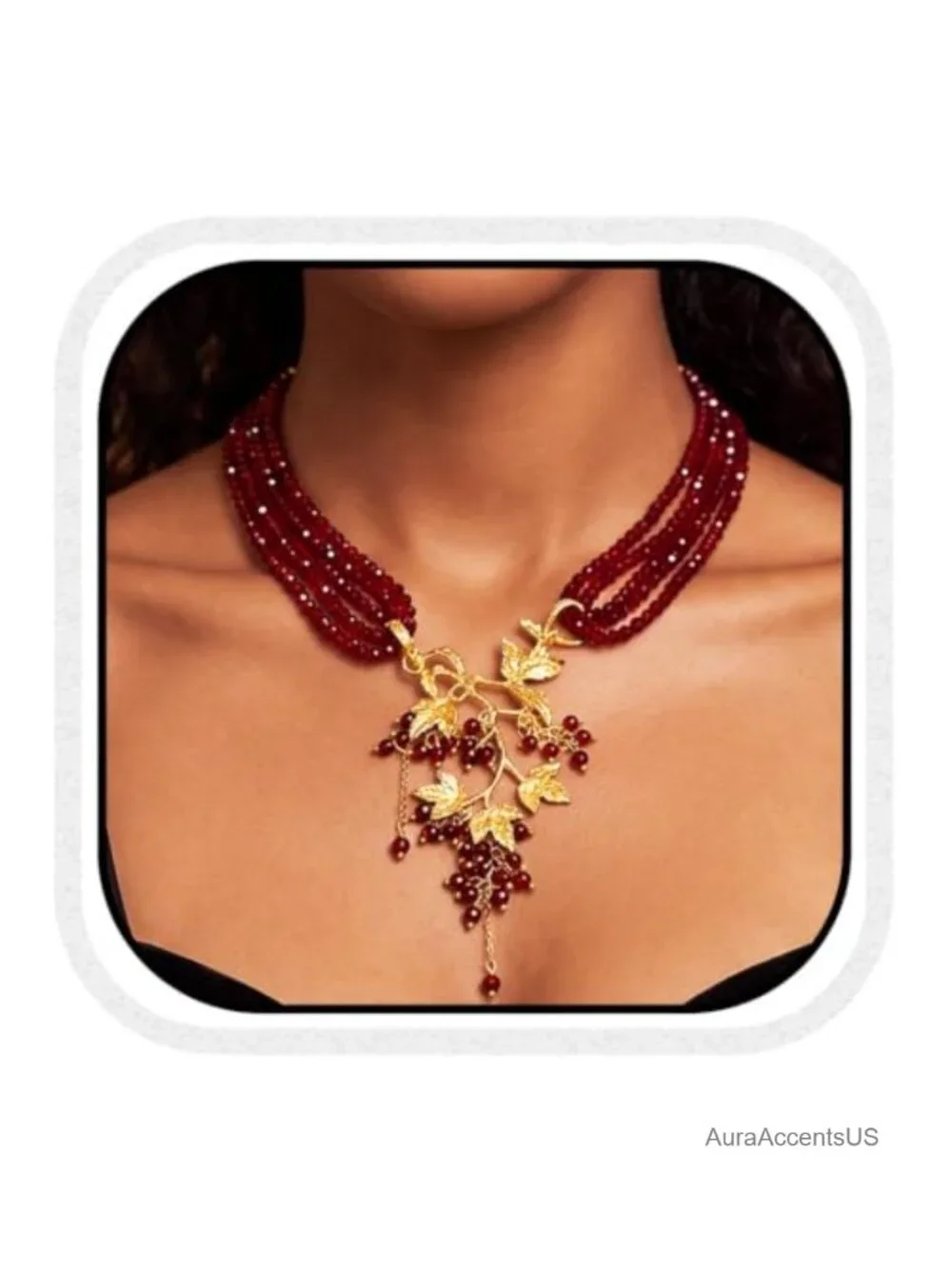 Gold Leaf Choker Necklace Red Beads Tassel Jewelry